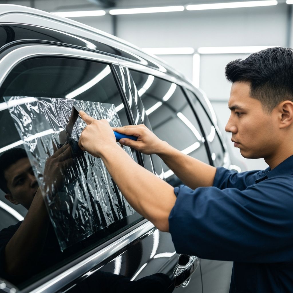 Technician installing window tint