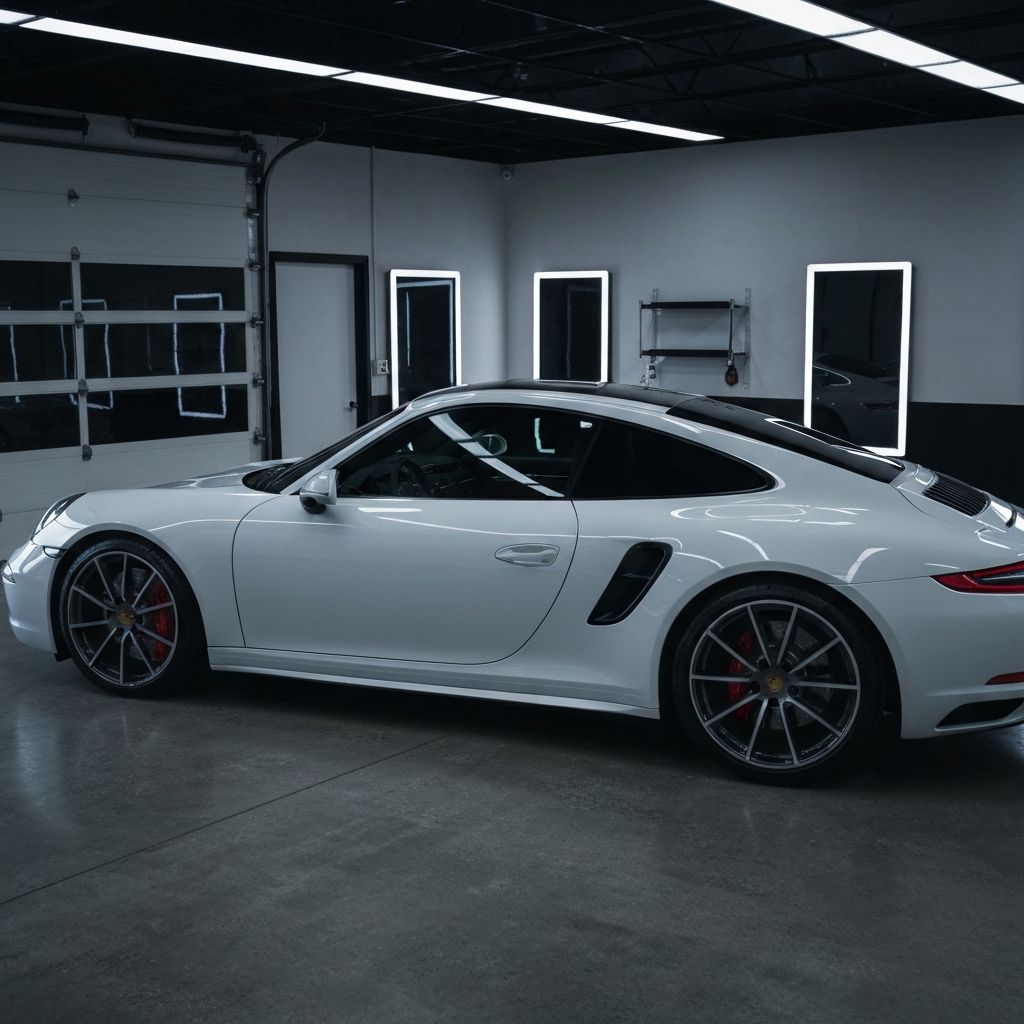 White Porsche 911 in shop